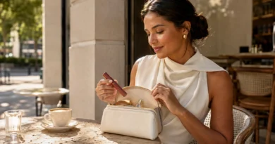 mulher retirando maquiagem em stick de uma bolsa pequena aberta sobre mesa de café