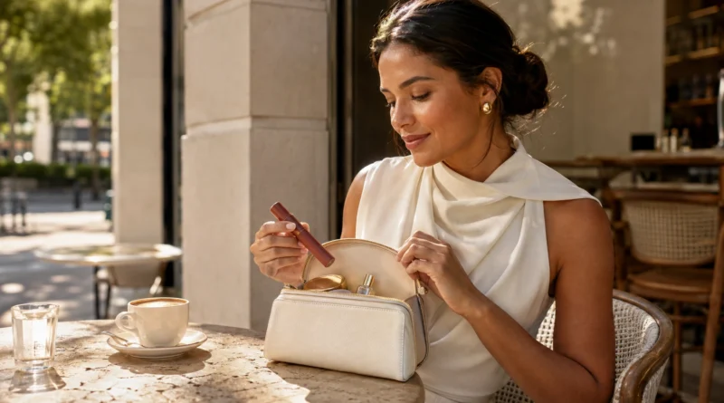mulher retirando maquiagem em stick de uma bolsa pequena aberta sobre mesa de café