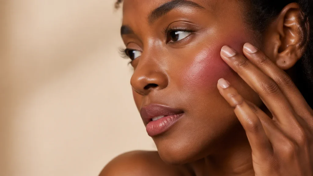 aplicação de blush cremoso rosado em pele retinta com acabamento natural