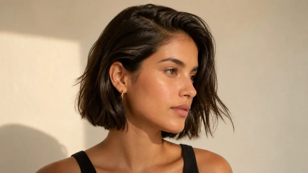 boyfriend bob escuro com risca lateral e uma mecha presa atrás da orelha