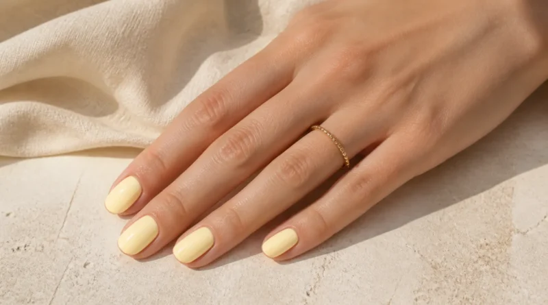 unhas curtas em amarelo-manteiga cremoso com acabamento brilhante e elegante