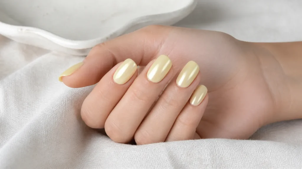 unhas amarelo-manteiga com brilho perolado suave