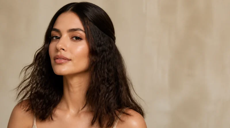 mulher com cabelo castanho de textura frisada suave e acabamento moderno