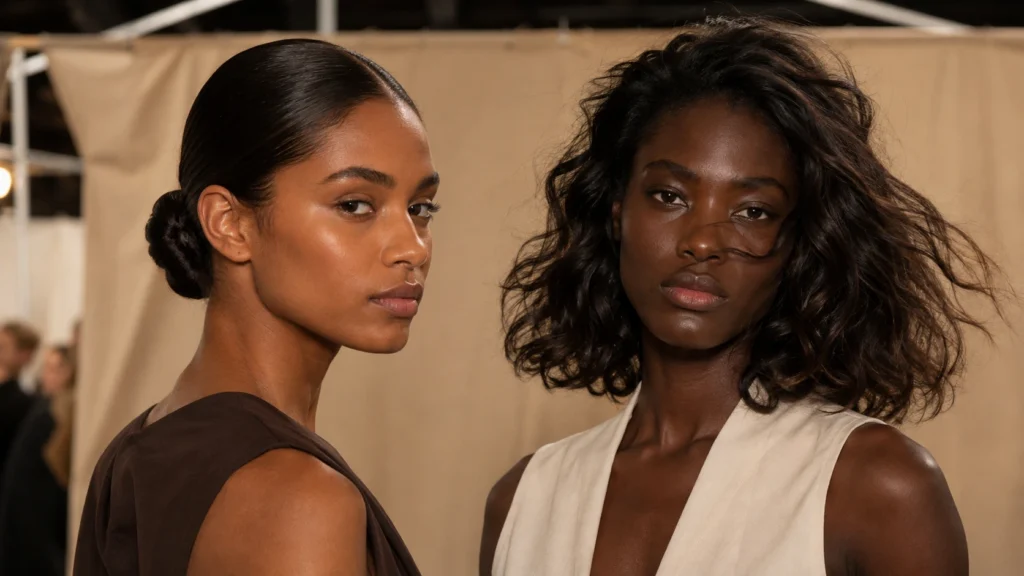 duas mulheres com cabelo polido em coque baixo e cabelo solto com movimento natural  