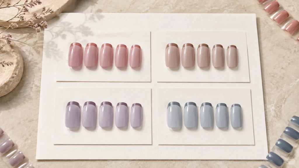 Francesinha com linhas finas coloridas: o detalhe gráfico que atualiza a manicure quatro combinações de cores para francesinha fina: coral e rosa queimado, marrom e nude rosado, lilás e malva, azul-claro e cinza-azulado