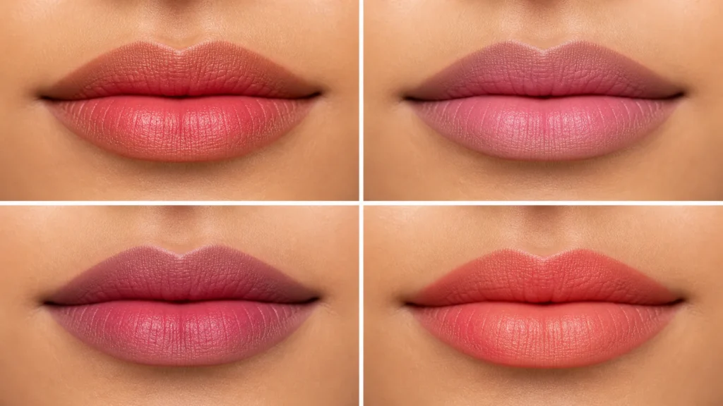 quatro combinações de lábios em dois tons: nude e rosa queimado, marrom e rosa frio, malva e berry, coral e pêssego
