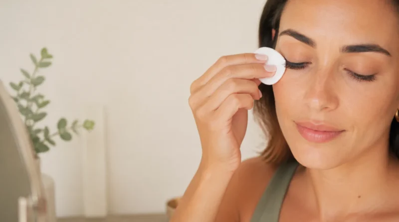 Mulher removendo cuidadosamente cílios postiços de tira diante do espelho.
