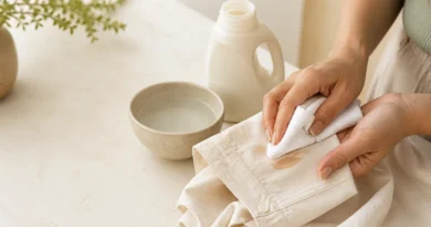 Pessoa removendo mancha de base de uma camisa clara com pano limpo