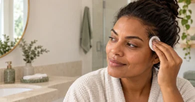 Como tirar tinta de cabelo da pele sem irritar: testa, orelhas e mãos Mulher removendo suavemente uma pequena mancha de tinta de cabelo da pele com algodão.