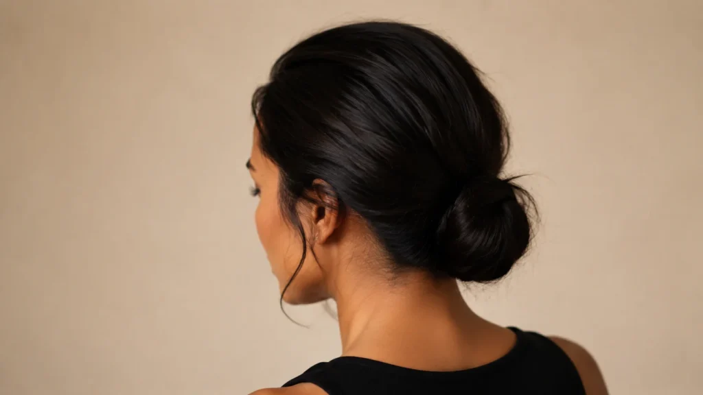 coque baixo polido sem risca em cabelo preto com acabamento elegante
