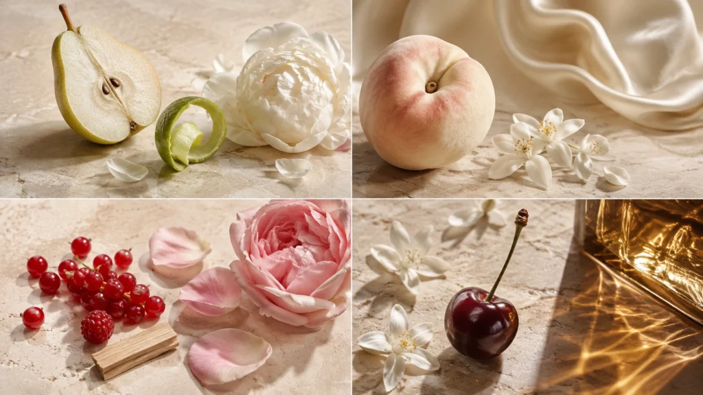 Perfumes frutados florais: como escolher uma fragrância fresca sem cheiro infantil quatro composições de perfume frutado floral com pera e peônia, pêssego cremoso, frutas vermelhas com rosa e cereja com flores brancas