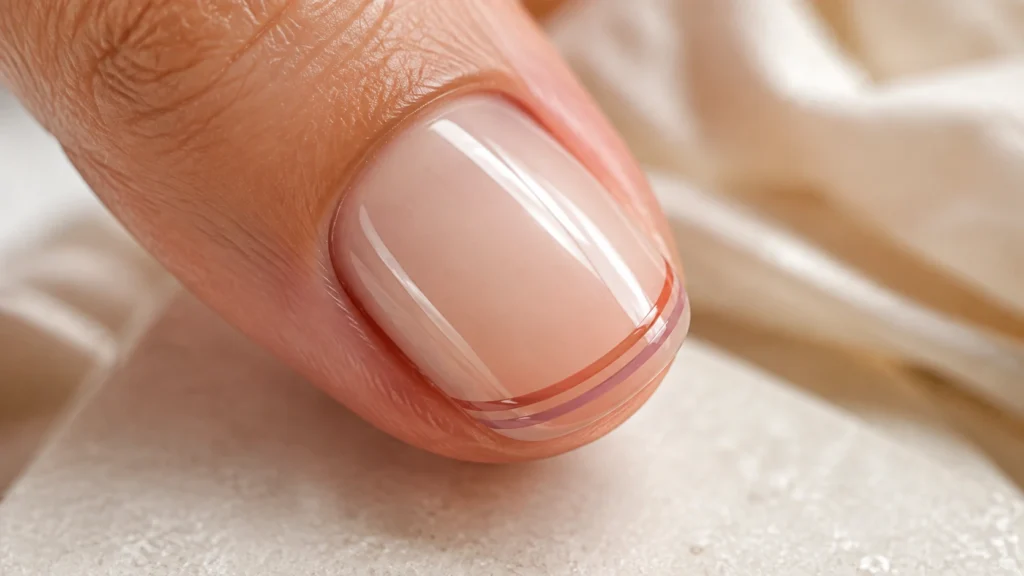 Francesinha com linhas finas coloridas: o detalhe gráfico que atualiza a manicure detalhe de unha com base nude translúcida e dupla francesinha em coral e rosa queimado