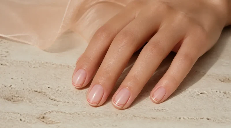 unhas curtas com francesinha de linhas finas em rosa queimado e coral suave