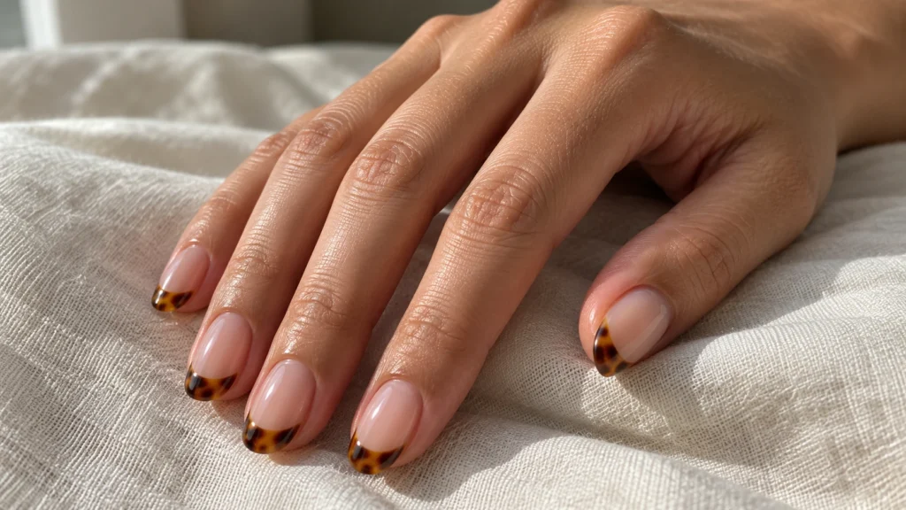 O efeito tartaruga leva o charme dos acessórios para as unhas Unhas com base rosada e francesinha decorada com efeito tartaruga em âmbar e marrom.