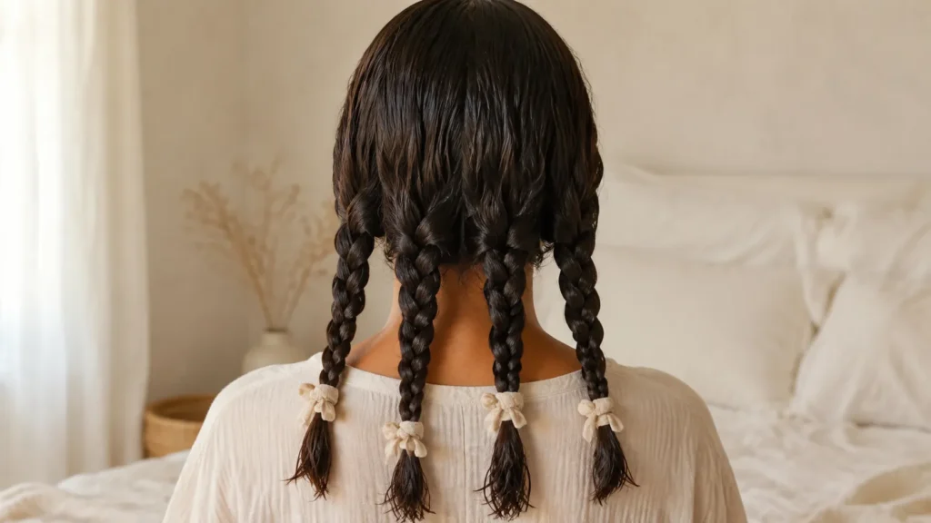 cabelo castanho dividido em quatro tranças para criar textura sem calor