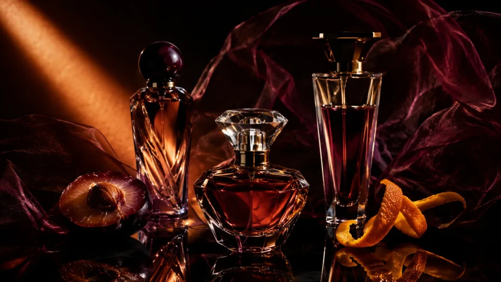 três perfumes sem marca com ameixa, casca de laranja e organza vinho em editorial luxuoso