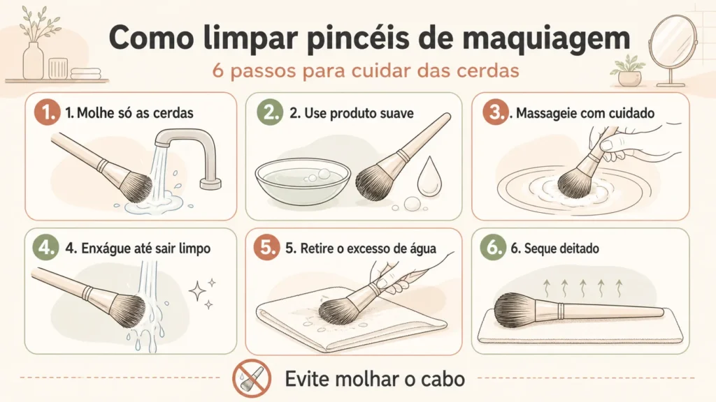 Infográfico com seis passos para limpar pincéis de maquiagem e secá-los sem molhar o cabo