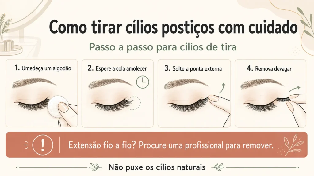 Infográfico com quatro passos para remover cílios postiços de tira e alerta para procurar profissional em caso de extensão fio a fio