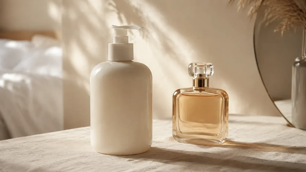 hidratante corporal sem marca e perfume em frascos minimalistas sobre tecido de linho