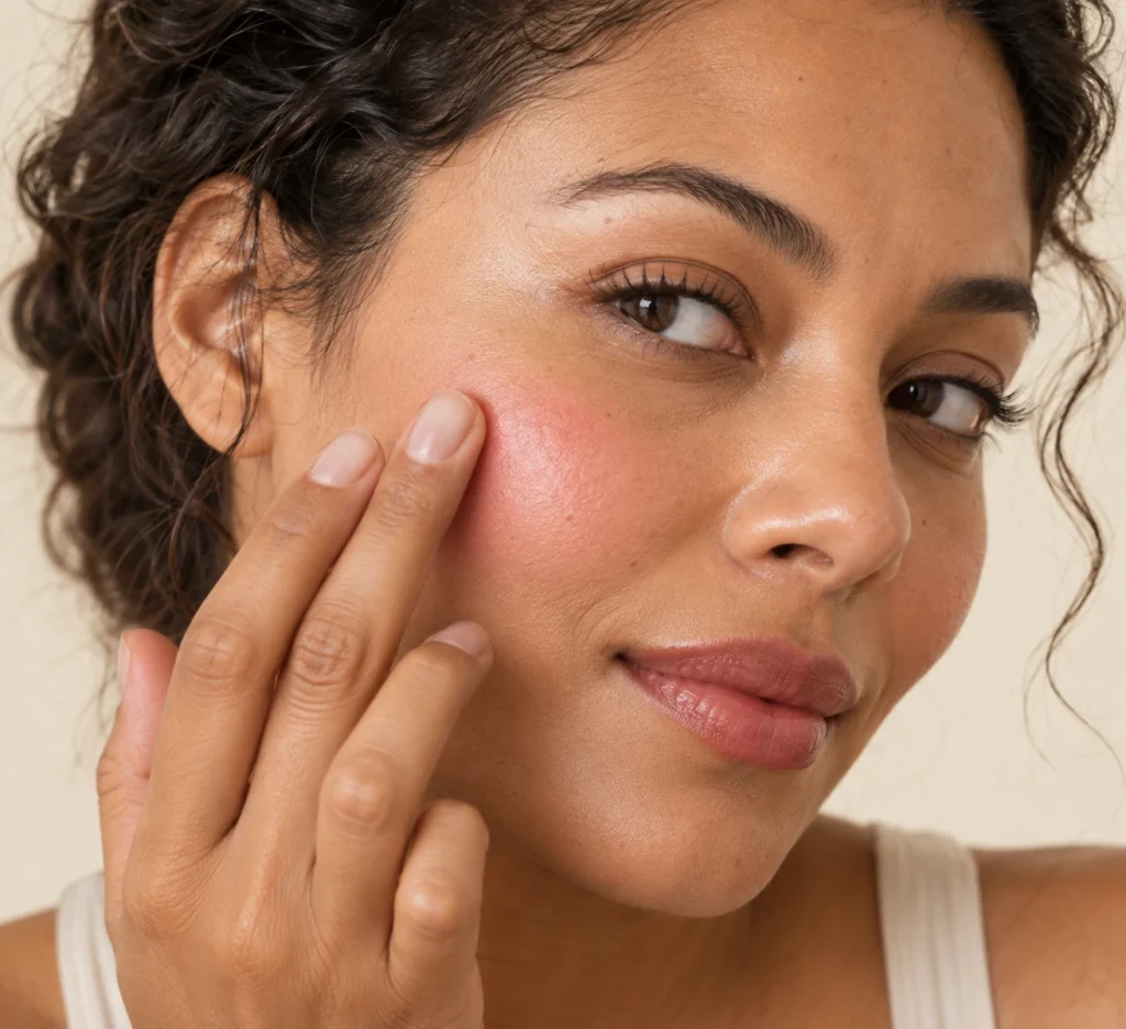 aplicação de blush rosado translúcido para efeito de maquiagem aquarela