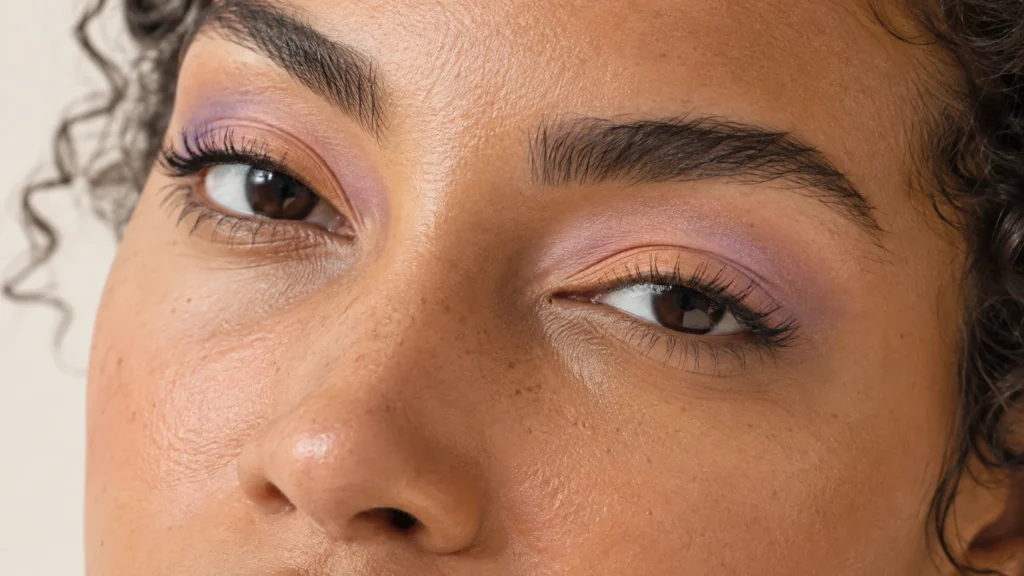 sombra lilás e pêssego translúcida em maquiagem aquarela