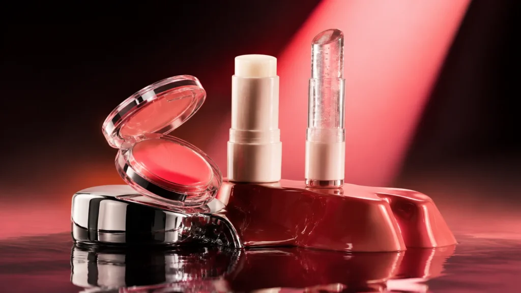 blush coral, sticks de beleza sem marca e superfícies cromadas em editorial de moda