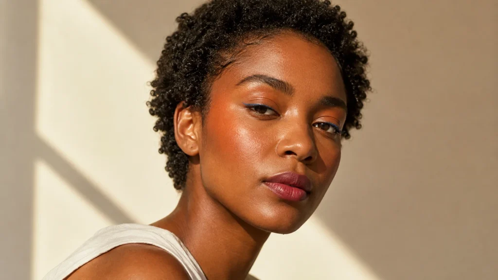 maquiagem de primavera com pele natural, blush coral, delineado azul fino e lábios rosados  