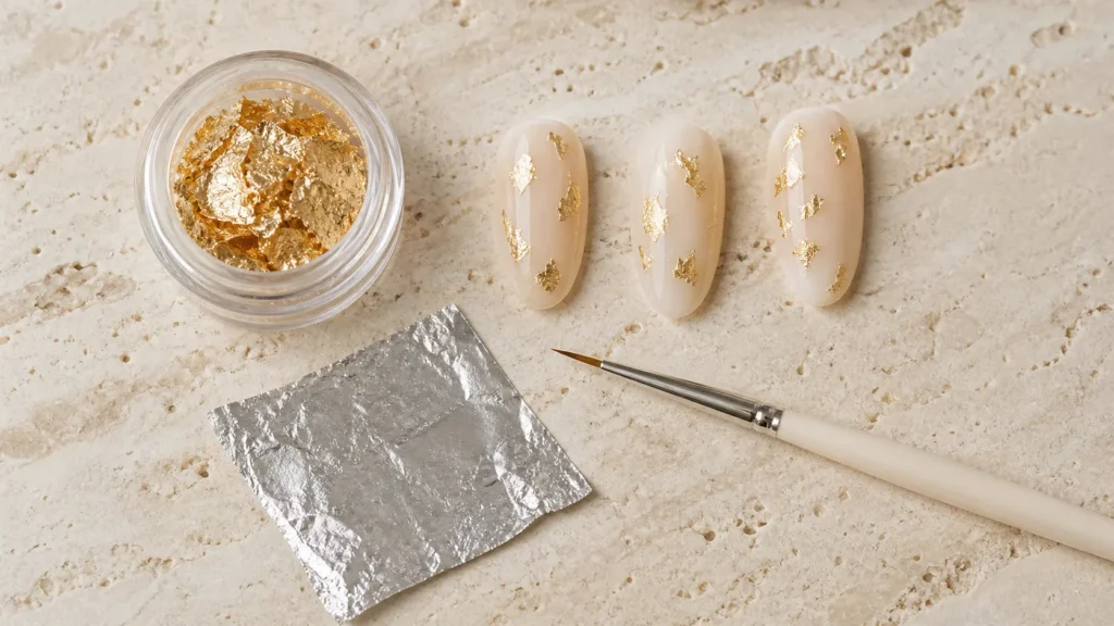 materiais para unhas com foil dourado, película prateada, pincel e amostras de esmaltação nude