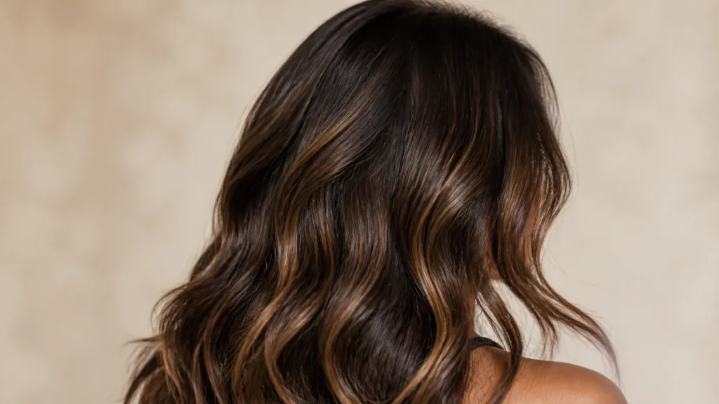 mechas chunky caramelo em cabelo castanho com raiz integrada e ondas suaves