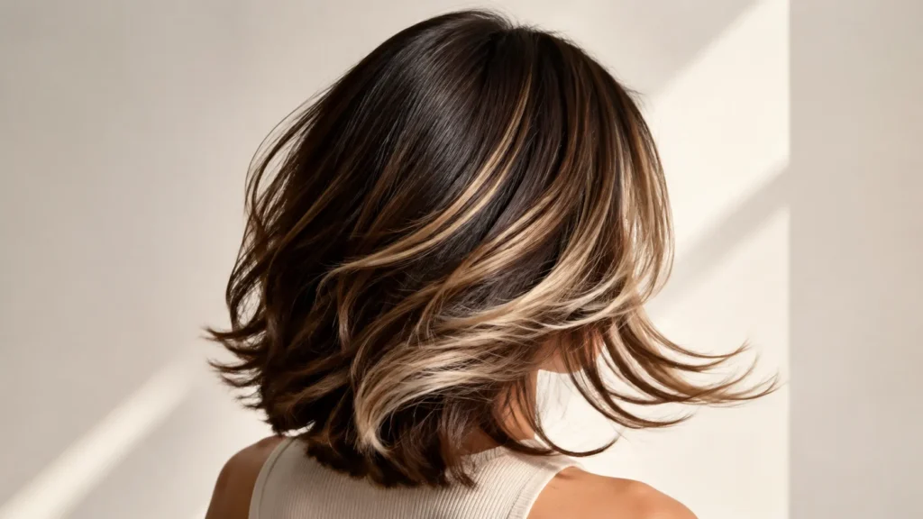 cabelo bob em camadas com mechas chunky bege e movimento nas pontas