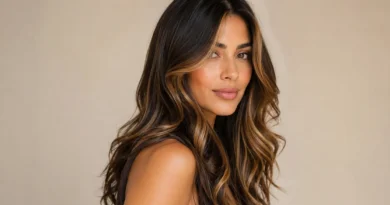 Mechas chunky: como usar luzes marcadas de um jeito atual mulher com cabelo castanho de mechas chunky caramelo marcadas e acabamento moderno