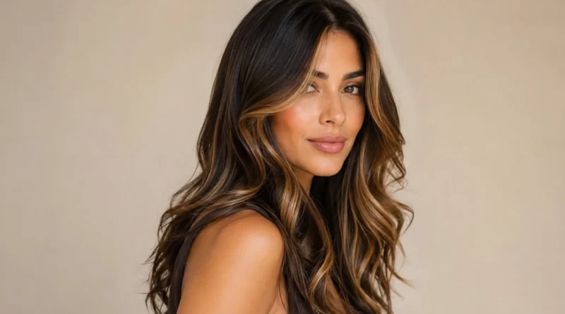 Mechas chunky: como usar luzes marcadas de um jeito atual mulher com cabelo castanho de mechas chunky caramelo marcadas e acabamento moderno