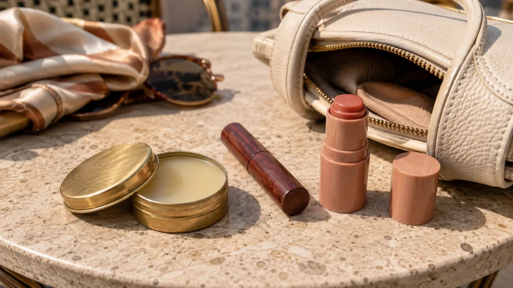 nécessaire de primavera com perfume sólido, balm e blush em stick sem marcas  