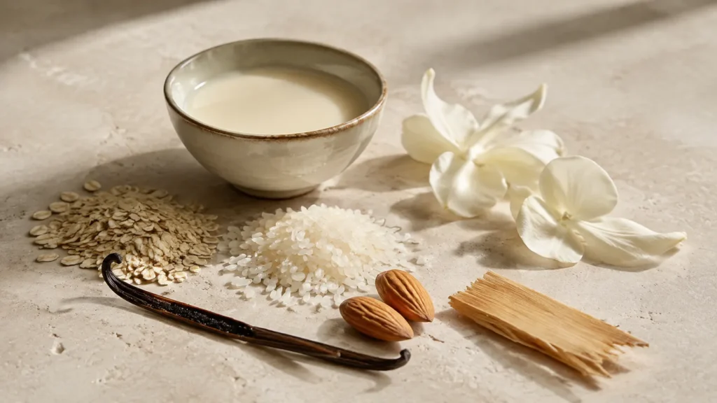 ingredientes associados a perfume lactônico, com leite de aveia, arroz, amêndoas, baunilha e flores brancas