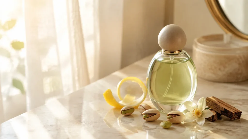 notas de pistache, limão, flor branca e madeira em composição de perfumaria