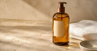 óleo corporal sem marca em frasco elegante ao lado de toalha branca e pele hidratada
