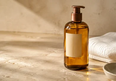 óleo corporal sem marca em frasco elegante ao lado de toalha branca e pele hidratada