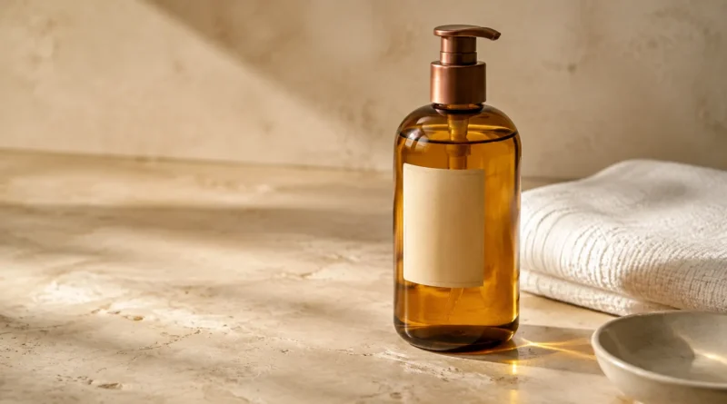 óleo corporal sem marca em frasco elegante ao lado de toalha branca e pele hidratada