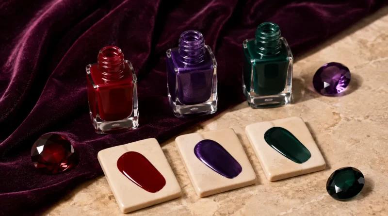 esmaltes sem marca em tons rubi, ametista e esmeralda com amostras de cores de joia