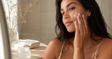 mulher adulta aplicando hidratante no rosto em frente a um espelho, com produtos sem marca sobre bancada clara
