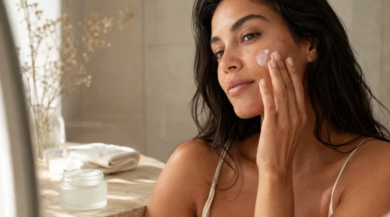 Pele sensível virou prioridade: o que mudou na forma de escolher produtos de beleza mulher adulta aplicando hidratante no rosto em frente a um espelho, com produtos sem marca sobre bancada clara