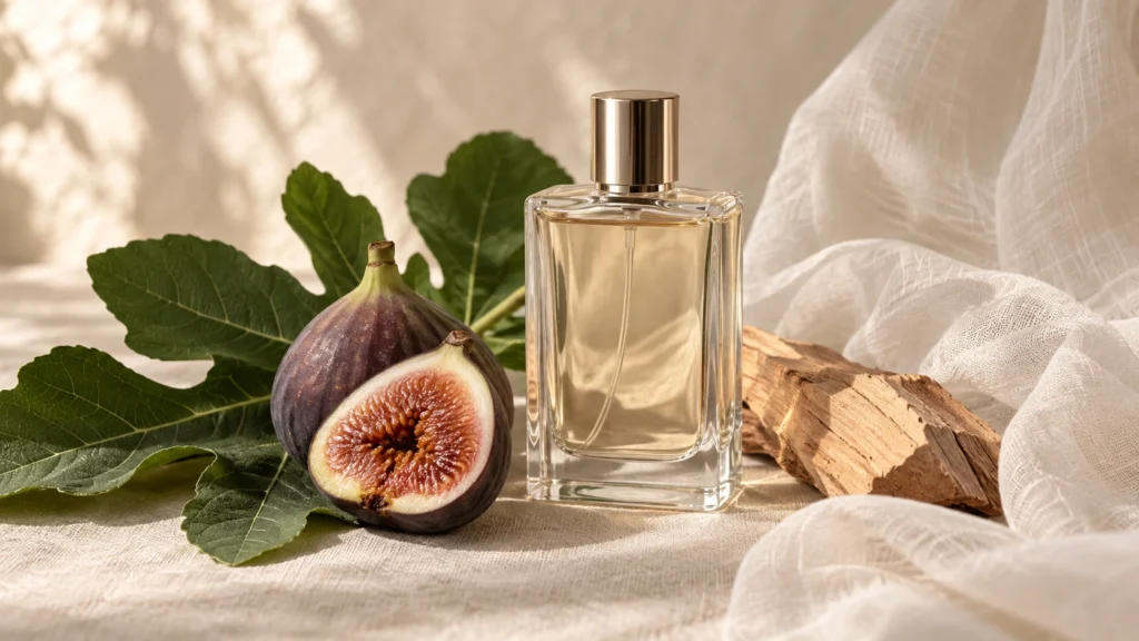 frasco de perfume sem marca com folhas de figueira, figo aberto, madeira e tecido claro