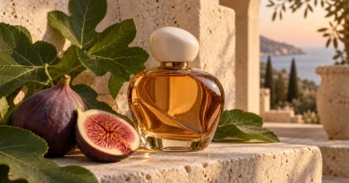 perfume de figo em frasco sem marca ao lado de folhas de figueira e figos maduros sobre pedra clara