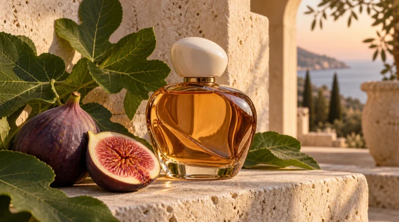 perfume de figo em frasco sem marca ao lado de folhas de figueira e figos maduros sobre pedra clara
