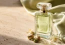 perfume de pistache com frasco sem marca, flores brancas e pistaches em cenário editorial