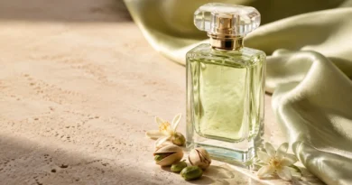 perfume de pistache com frasco sem marca, flores brancas e pistaches em cenário editorial