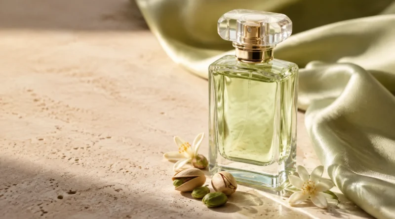 perfume de pistache com frasco sem marca, flores brancas e pistaches em cenário editorial