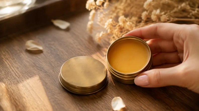 perfume sólido em balm dentro de latinha dourada sem marca