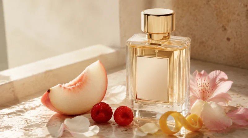 frasco de perfume sem marca entre pêssego, frutas vermelhas e flores em composição editorial