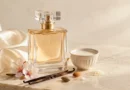 frasco de perfume sem marca ao lado de leite, baunilha e flores brancas em composição editorial